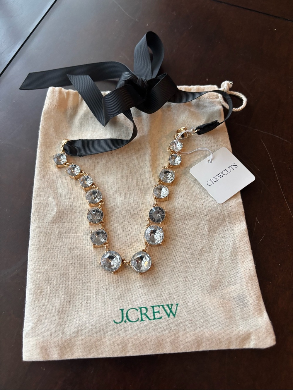 Crewcuts Gold-Tone Necklace with Clear Crystal Stones and Black Ribbon Tie